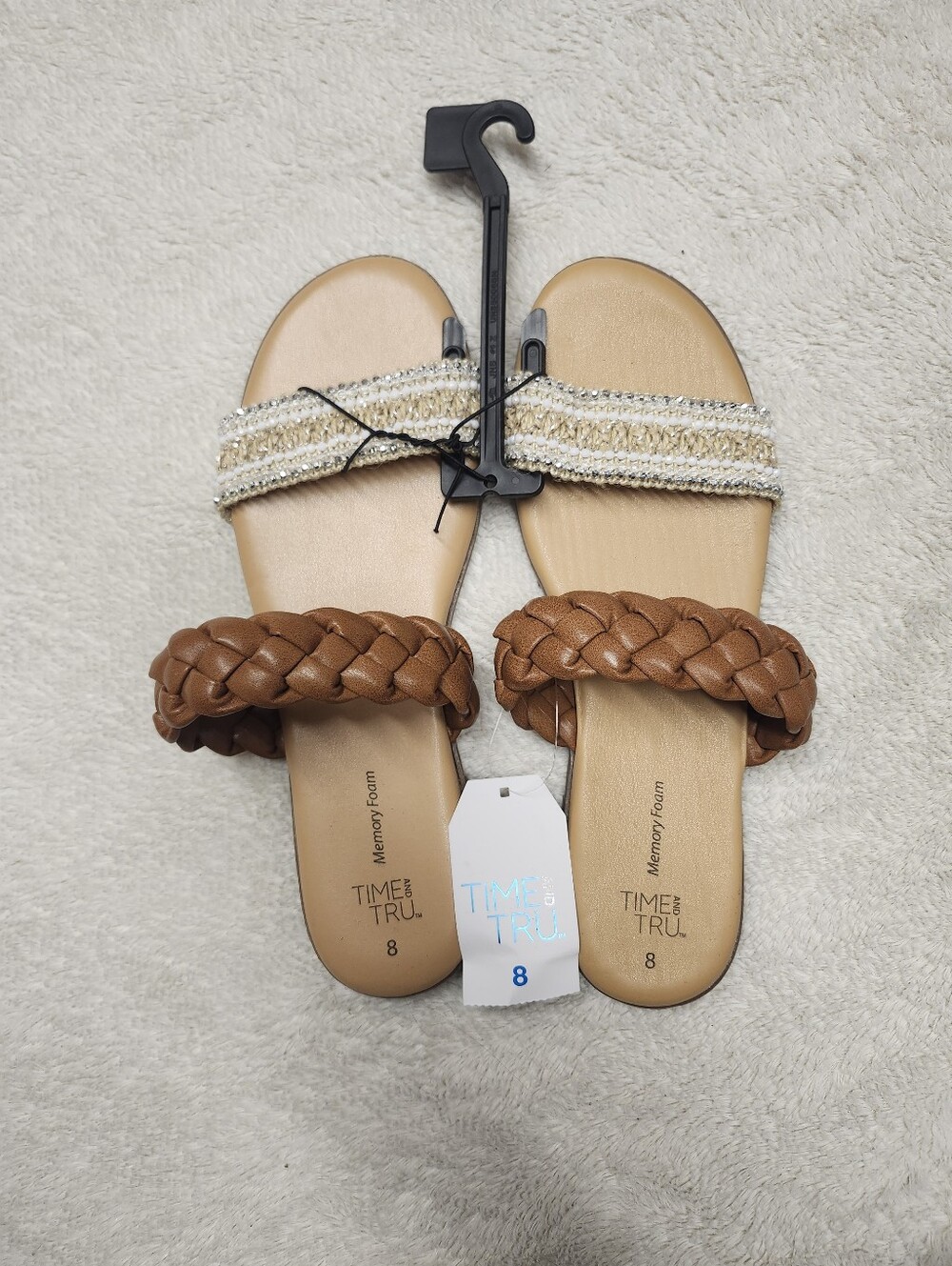• NWT Time And Tru Women's Core 2 Band Sandals Size 8 Tan Slip On Memory Foam